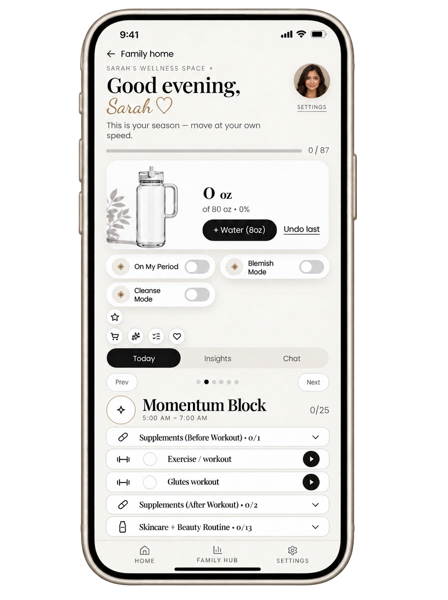 The Wellhome app on an iPhone, showing Mom's wellness space